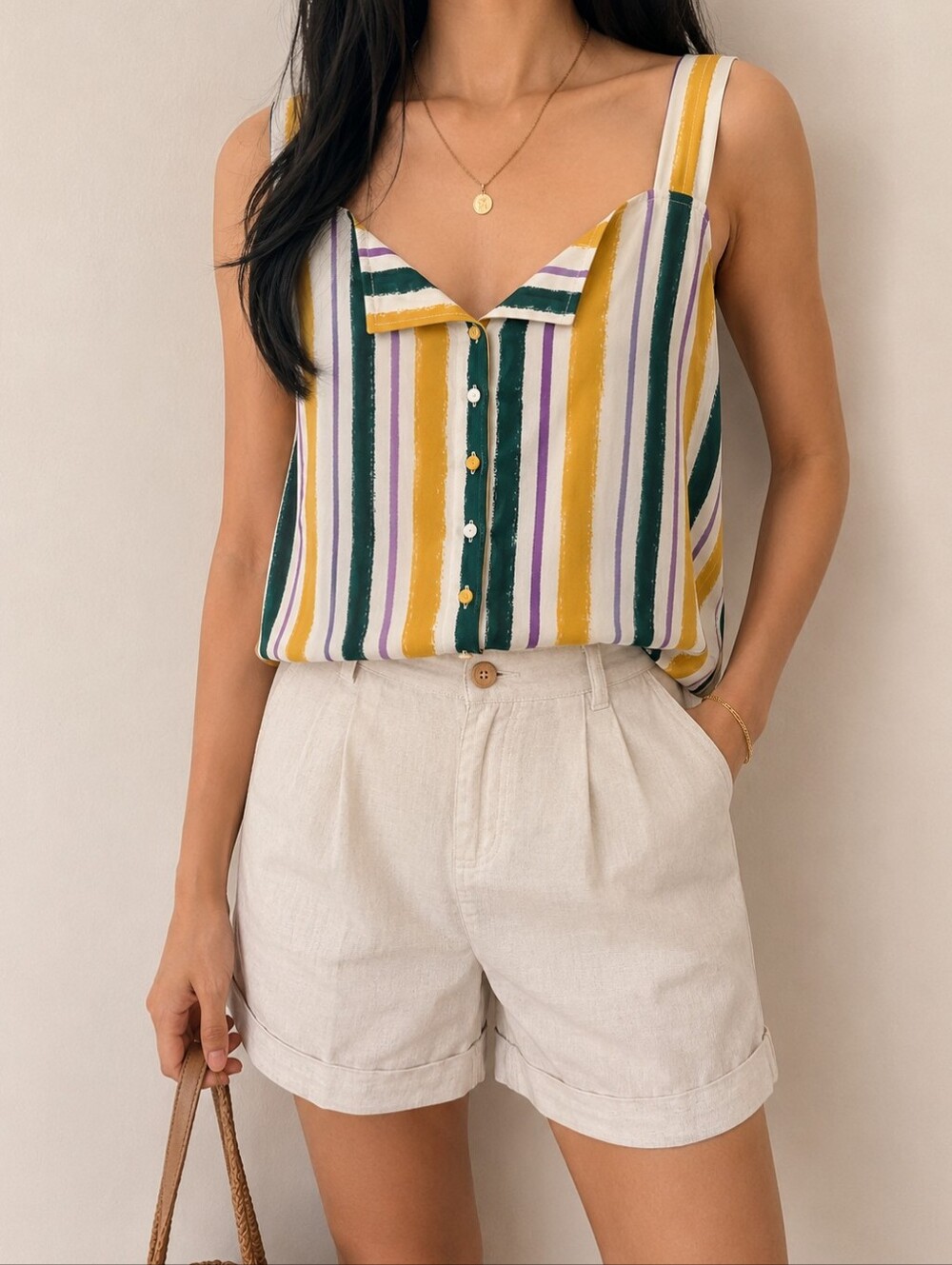 NWT ModCloth Striped‎ Yellow Green Purple Sleeveless Button Front Tank Top XL - Picture 2 of 14